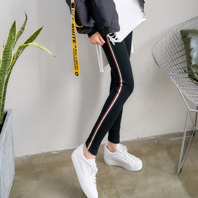 LJCUIYAO Women Legging Knee-Length Fashion Leggings Women Patchwork Stripe Leggings Knitted Fitness Black Bottom Workout Pants