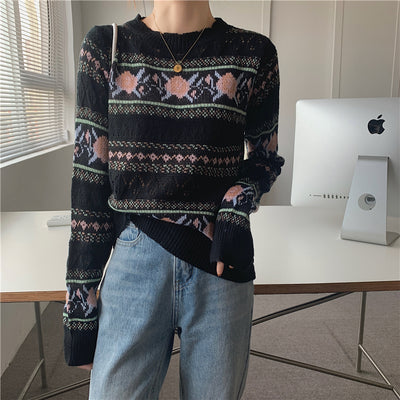 knitted flower Printed Women Sweater O-neck Long Sleeve Pullover 2022 Spring Autumn Black Beige Loose Sweet Korean Knitwear Top