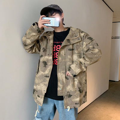 Wholesale 2021 Fashion outdoor boys Men's hooded jacket spring autumn Korean long autumn wild tooling loose camouflage jacket