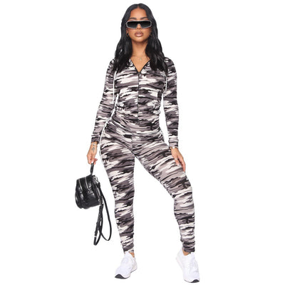 Camouflage Print Casual Two Piece Set Women Sportswear Autumn Hooded Long Sleeve Zipper Top+full-length Mid Waist Tracksuits