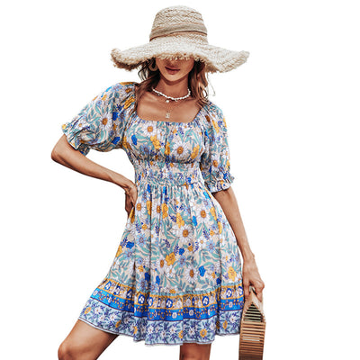 Everkaki Bohemian Mini Dress Spring and Summer New Square Neck Midi Skirt Backless Short Sleeve High Waist Printed Dress
