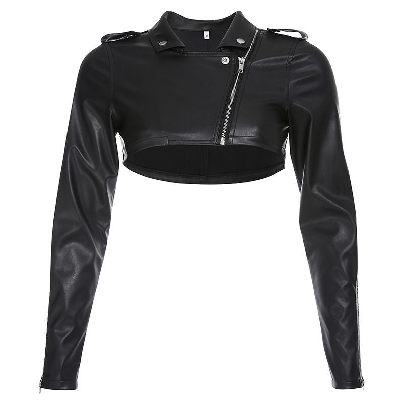 Black PU Leather Crop Jacket Street Wear Punk Style Womens Coats Long Sleeve Turn-Down Zipper Short Jacket 2022 Fashion