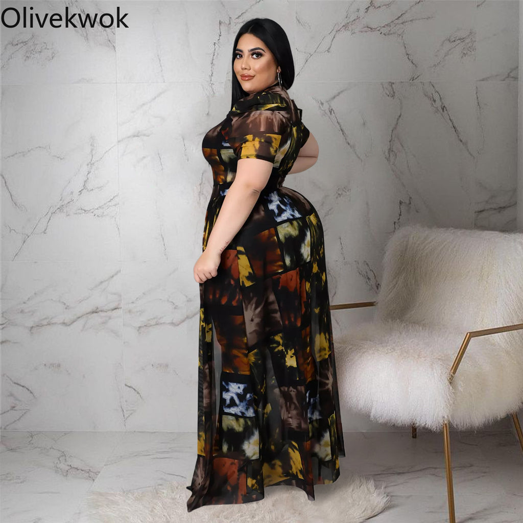 Olivekwok Plus Size Fashion Print Mesh Women T Shirts Streetwear Short Sleeve O-neck Casual Female Long Tops for Spring