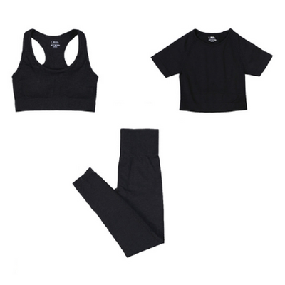 3pcs/set Women Seamless Yoga Set Fitness Sports Suits Short Sleeve Crop Top+High Waist Leggings+Sports Bra