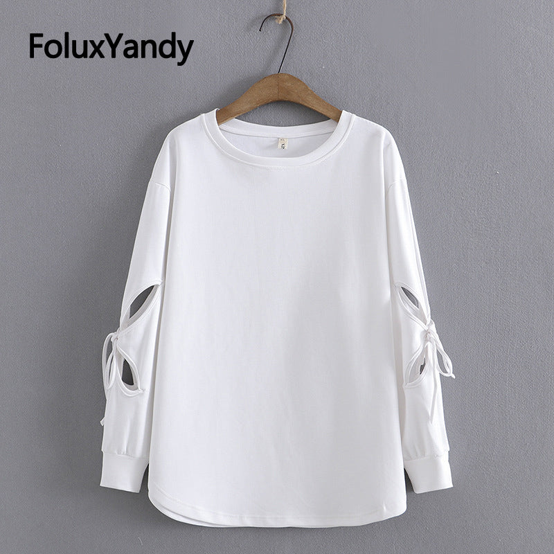 Hollow Out Women Tops Casual Plus Size Tops 3XL 4XL O Neck Lace Up Loose Long Sleeve T-shirts KKFY6294