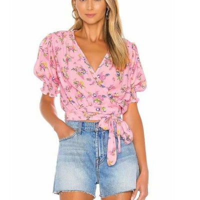 Women Summer Wrap Crop Tops Sexy V Neck Cottagecore Floral T-Shirt Short Sleeve Chiffon Sweet Pink Bohemian Streetwear Feminina
