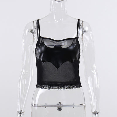 Gothic Mesh See Through 3D Bat Slip Tank Sexy Lace Trim Backless Sling Top Punk Halloween Easter Hollow Out Black Vest