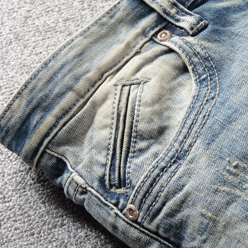 Italian Style Fashion Men Jeans Retro Gray Blue Slim Fit Ripped Jeans Men Streetwear Vintage Designer Cotton Denim Pants Hombre