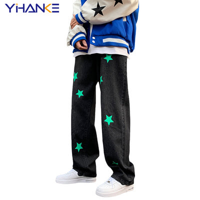 YIHANKE Spring New Trend Men Pentagram Print Jeans Straight Leg Pants Loose Wide Leg Jeans Pants Fashion Men Trousers Pantalones