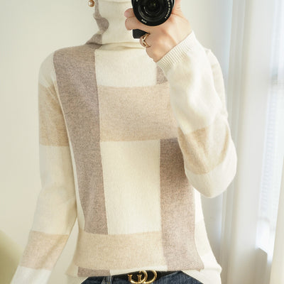Autumn and winter Cashmere new women&#39;s high-neck all-match Slim color matching knitted long-sleeved pullover  wool sweater