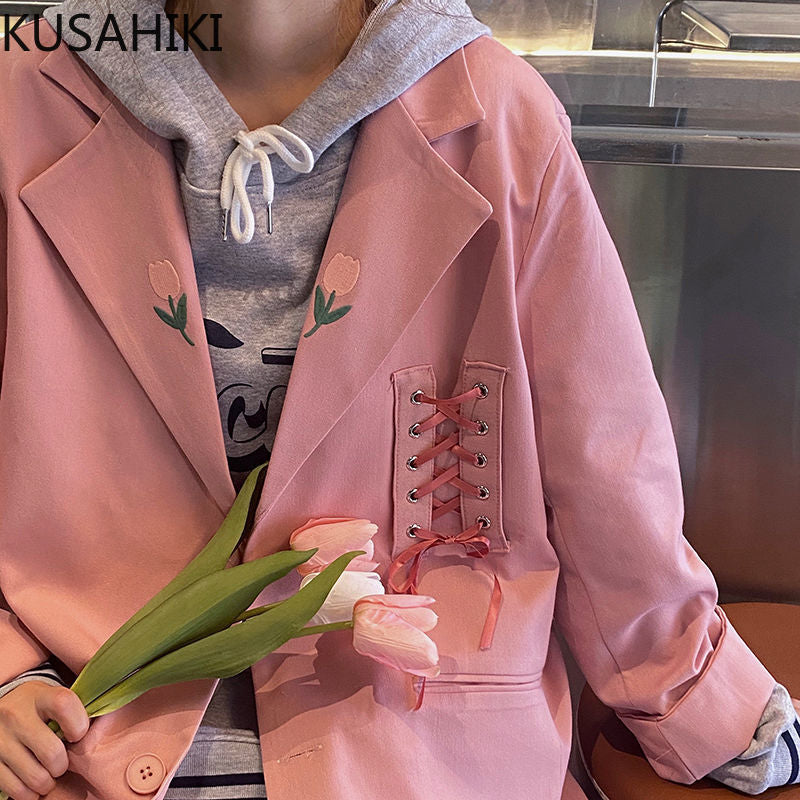 KUSAHIKI Sweet Japan Style Blazers for Women 2022 Autumn Notched Collar Coat Fashion Bandage Causal Long Sleeve Suit Jacket