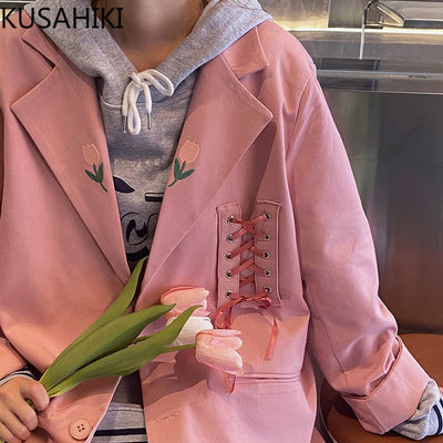 KUSAHIKI Sweet Japan Style Blazers for Women 2022 Autumn Notched Collar Coat Fashion Bandage Causal Long Sleeve Suit Jacket