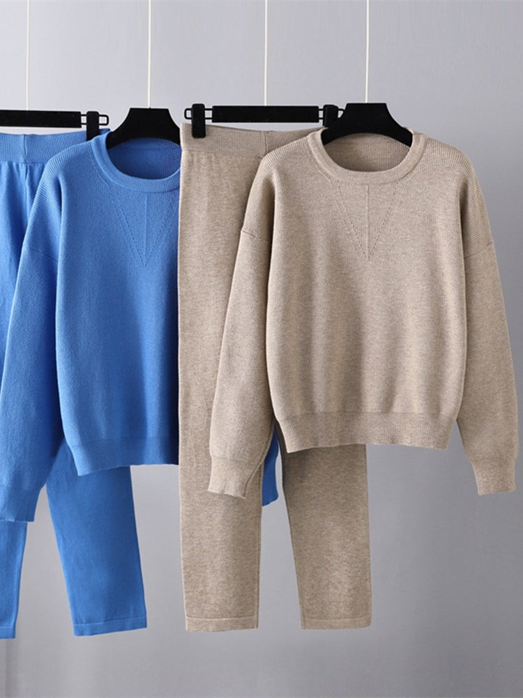 Women Sweater Two Piece Knitted Sweater Sets Tracksuit Casual Spring Autumn Fashion Sweatshirts Pant Suit Female