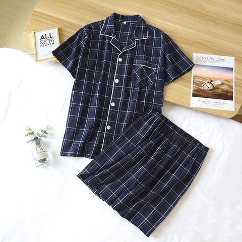 Summer Men Short-sleeved Shorts Pajamas Cotton Thin Plaid Plus-size Home Clothing 2 Piece Set Turn-down Collar Sleepwear 2021