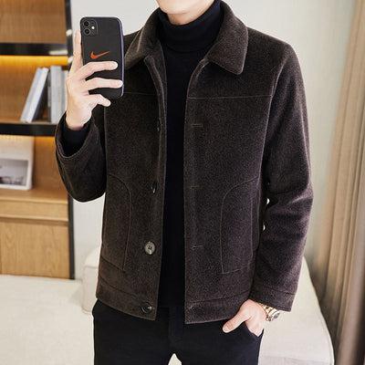 Men 2021 Spring Autumn Fashion Solid Color Short Woolen Coats Male Middle-aged Thick Warn Jackets Men Slim Lapel Overcoats W329