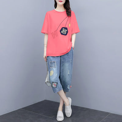 sets for women summer 2021 New Fashion Casual Two-piece Set Female loose short sleeve T-shirt cropped trouser suit round neck