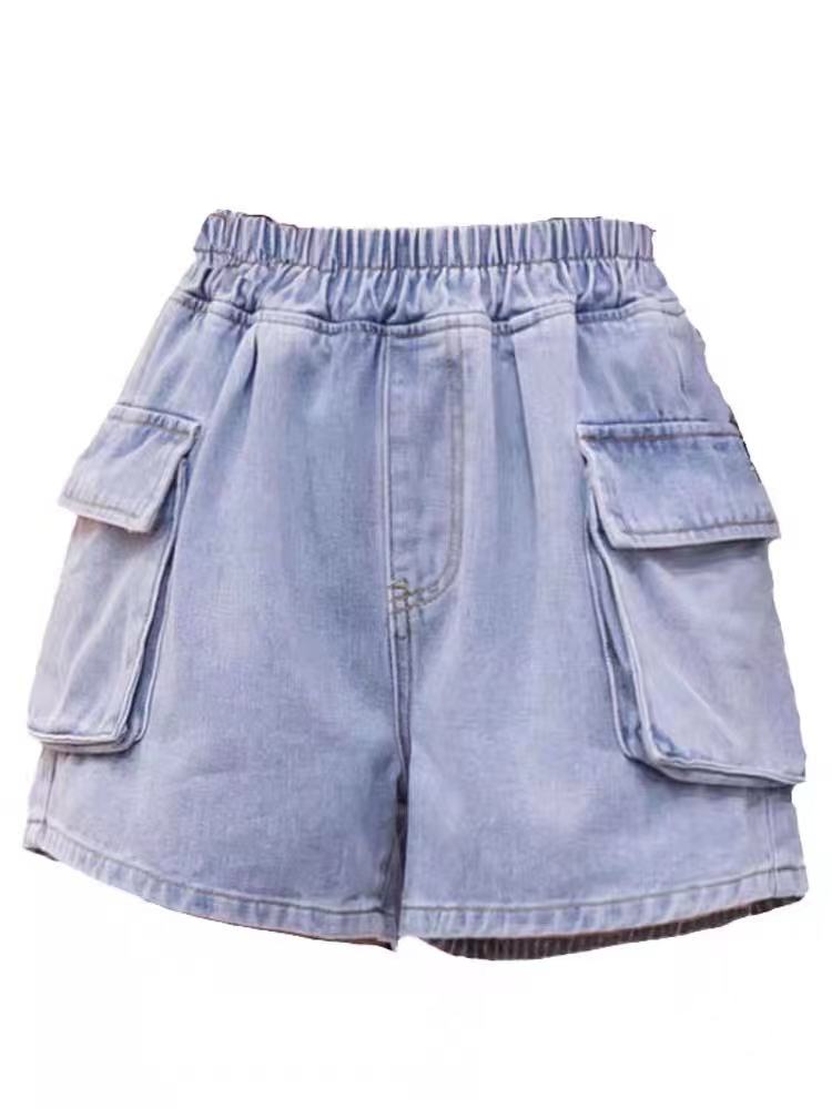 Plus Size Blue Denim Shorts Women&#39;s High Waist Loose Big Pockets 2021 Summer New Style Cotton Chic Casual Elastic Waist Shorts