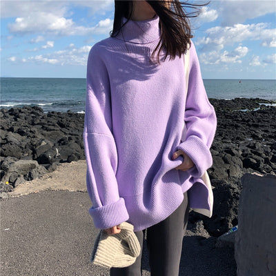 High Collar Knitted Sweaters Pullovers Women Autumn Winter Korean Style Loose Solid Thick Warm Jumpers Female Long Sleeve Tops