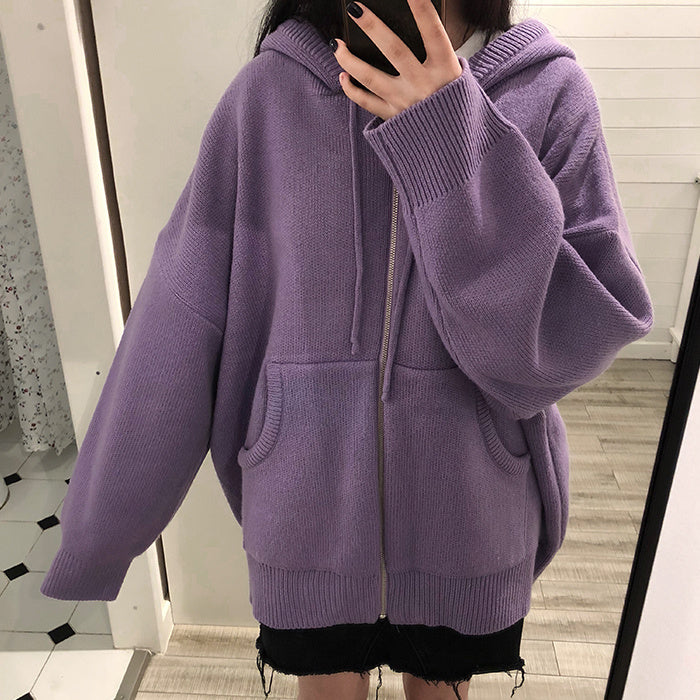 Thicken Solid Sweater Hooded Coat Korean Pockets Long Sleeve Jacket 2021 Autumn Winter Knitted Cardigan 6C400