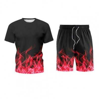 3D Digital Print Men Tracksuit Drawstring Two Piece Summer Flame Print T-Shirt Shorts Suit Activewear Sweat Absorbing Sportswear