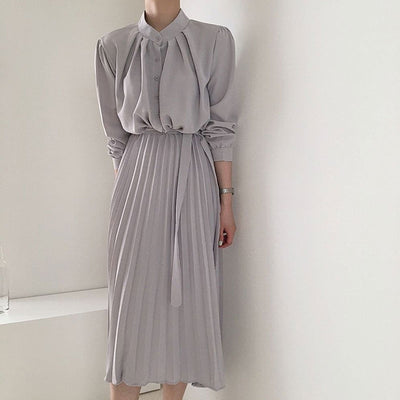 chic temperament stand collar long dress women office lady pleated dress with slash 2022 summer autumn Vestido femme