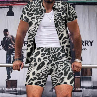 Men Clothes Trend Men Sets Leopard Print Men&#39;s Two Piece Outfits Street Casual Printing Short-sleeved Shirt Shorts Fashion Suit