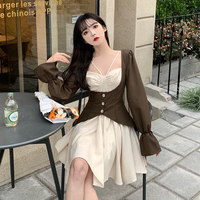 Hot Girl Style Waist Closing Thin Bubble Sleeve Suspender Skirt Lolita  Sleeve Dress Patchwork Korean Fashion Dress