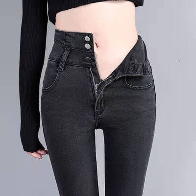 Thicken Stretch Skinny Fleece Jeans Wintern Warm Women High Waist Button Black Warm Jeans Lady Vintage Denim Pencil Korean Pants
