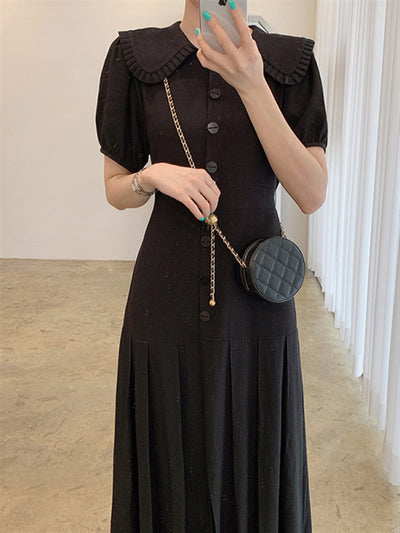 Solid Black Pleated Dresses for Women Elegant Summer 2022 Single-breasted Short Sleeve Casual Woman Dress Female Vestido Maxi