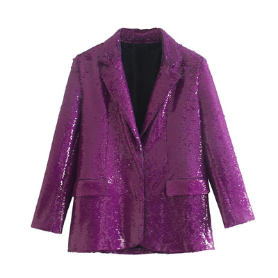 Women&#39;s Blazer Jacket Purple Sequins Outwear Solid Elegant Chic Long Sleeve Top With Pocket Ladies Office Party Woman Blazer trf