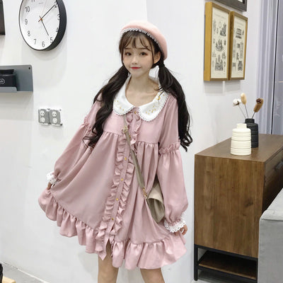 Pink Lolita Dress Long Sleeves High Waist Doll Collar Lace Cuff Cute Sweet Girls Women Dress 0923