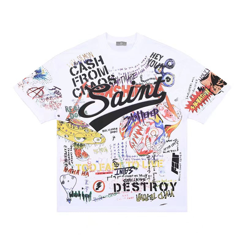 2022 Summer New Men Tshirts Graffiti Murakami Takashi Splash ink loose round-necked short-sleeved t-shirt