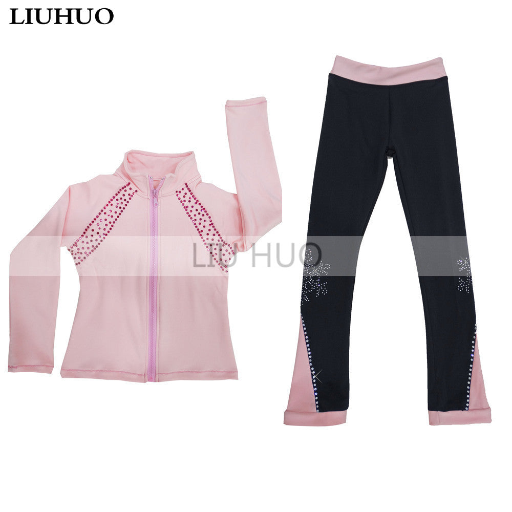 LIUHUO Ice Figure Skating Dress Suits Jacket Pants Trousers Girl Women Tights Training Wear Stretch FabricsPink Dance Top Kid