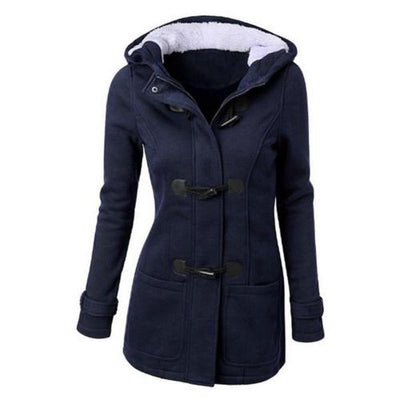 Women Solid Color Horn Buckle Hooded Coat Long Sleeve Plus Size Winter All-match Windproof Outerwear For Daily Wear