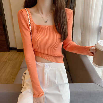 2021 spring and autumn new style square collar waist waist wild college super A show figure knit short short long sleeve women