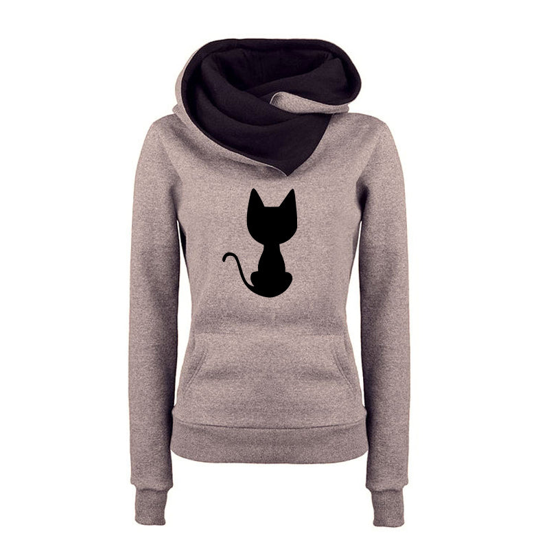Spring Autumn Women&#39;s Hoodies Fleece Warm Two-color Cap Cat Printing Casual Fashion Trend Long Sleeve Female Pullover Sweatshirt