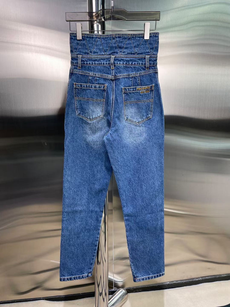 Women&#39;s Blue Cotton Jeans Petal High Waist Denim Pencil Pants 2022 Spring Summer new