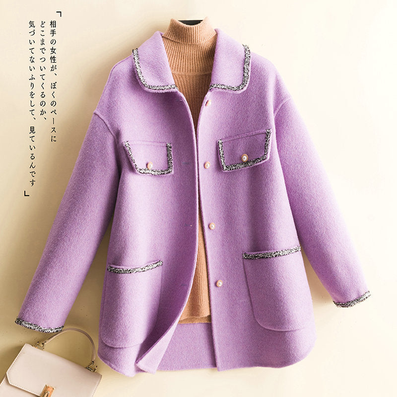 Doll Collar Double Sided Cashmere Coat Women&#39;s Small Fragrance Short Loose Cocoon Wool Coat