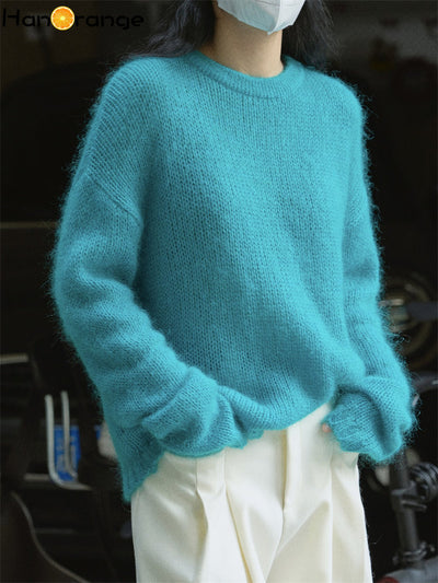 HanOrange 2022 Autumn Mohair Knitted Sweater Women Soft Mist Fluffy Warm Lazy Top Knit Pullover Female White, Sea Blue