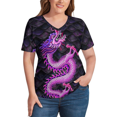 Green Chinese Dragon T Shirts Dance Animal Print V Neck Casual T-Shirt Short-Sleeve Modern Tshirt Pattern Top Tees Plus Size 4XL