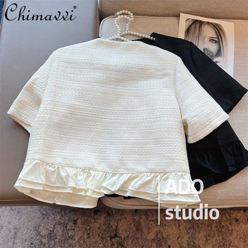French Style Patchwork Ruffled Short Sleeve Jacket Women 2022 Summer Clothes Ladies New Fashion Court High-end Slim-Fit Crop-Top