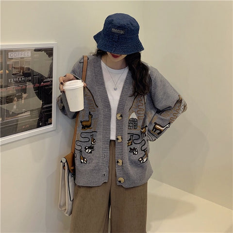 Oversized Women Cardigan Sweater Spring Autumn Long Sleeve Knitted Cardigan Outwear Embroidery Coat for Women Jumper Top