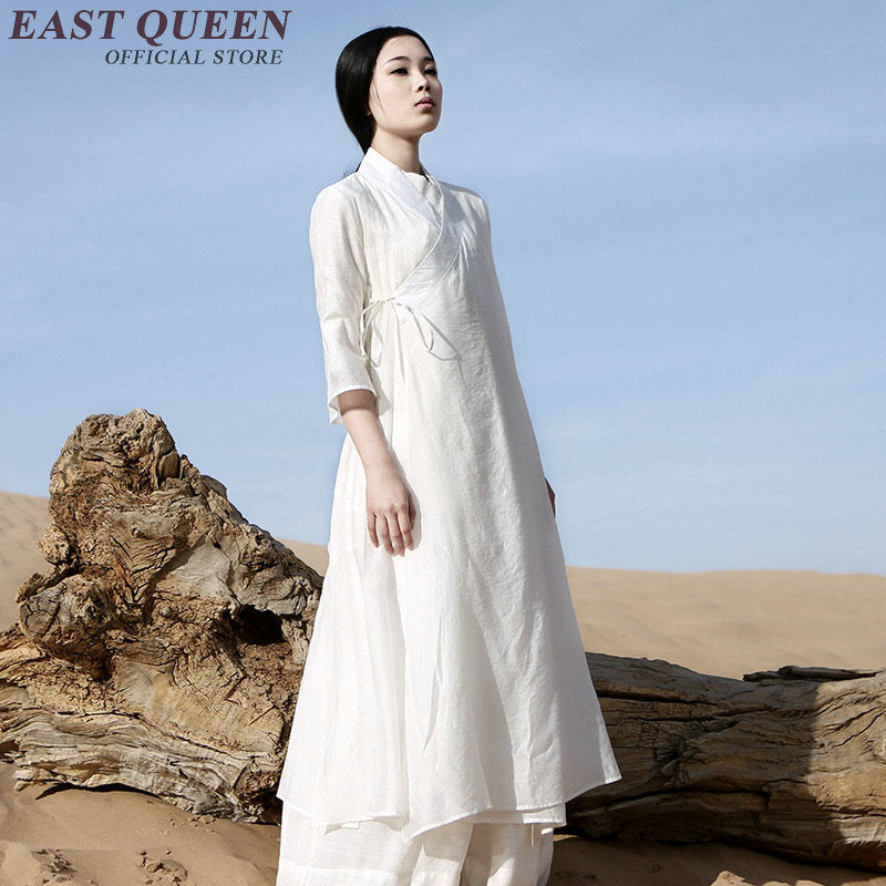 Chinese Ancient Costume Chinese Traditional Dress White Cotton Maxi Dress Oriental Style Dresses Free Size 2498 YQ