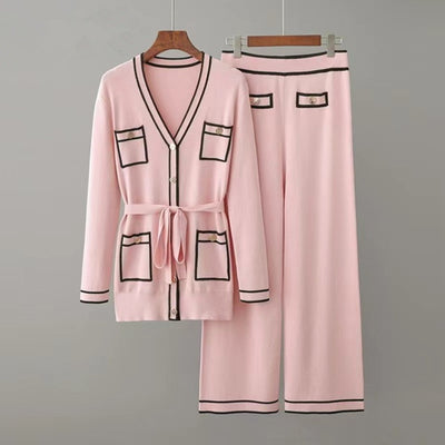 High Quality Autumn Winter Women Trousers Knitting Suits Lace-Up Waist Mid-Length V-Neck Cardigan+Wide-Leg Pants 2-Piece Outfits