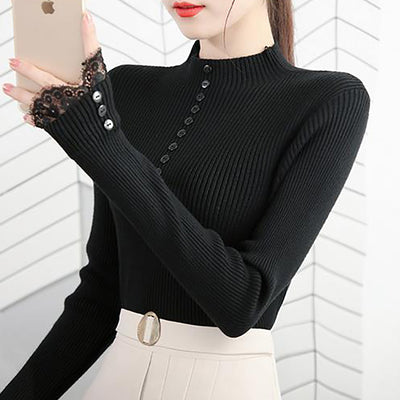 Lace Patchwork Women Sweater Half High Collar Casual Fall Winter Pullovers Long Sleeve Top Button Slim Knitted Sweaters Female