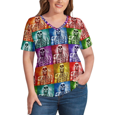 Skeleton T Shirt Plus Size Fun Skull and Crossbones Aesthetic T Shirts Short Sleeves V Neck Casual Tshirt Women Sexy Print Tops