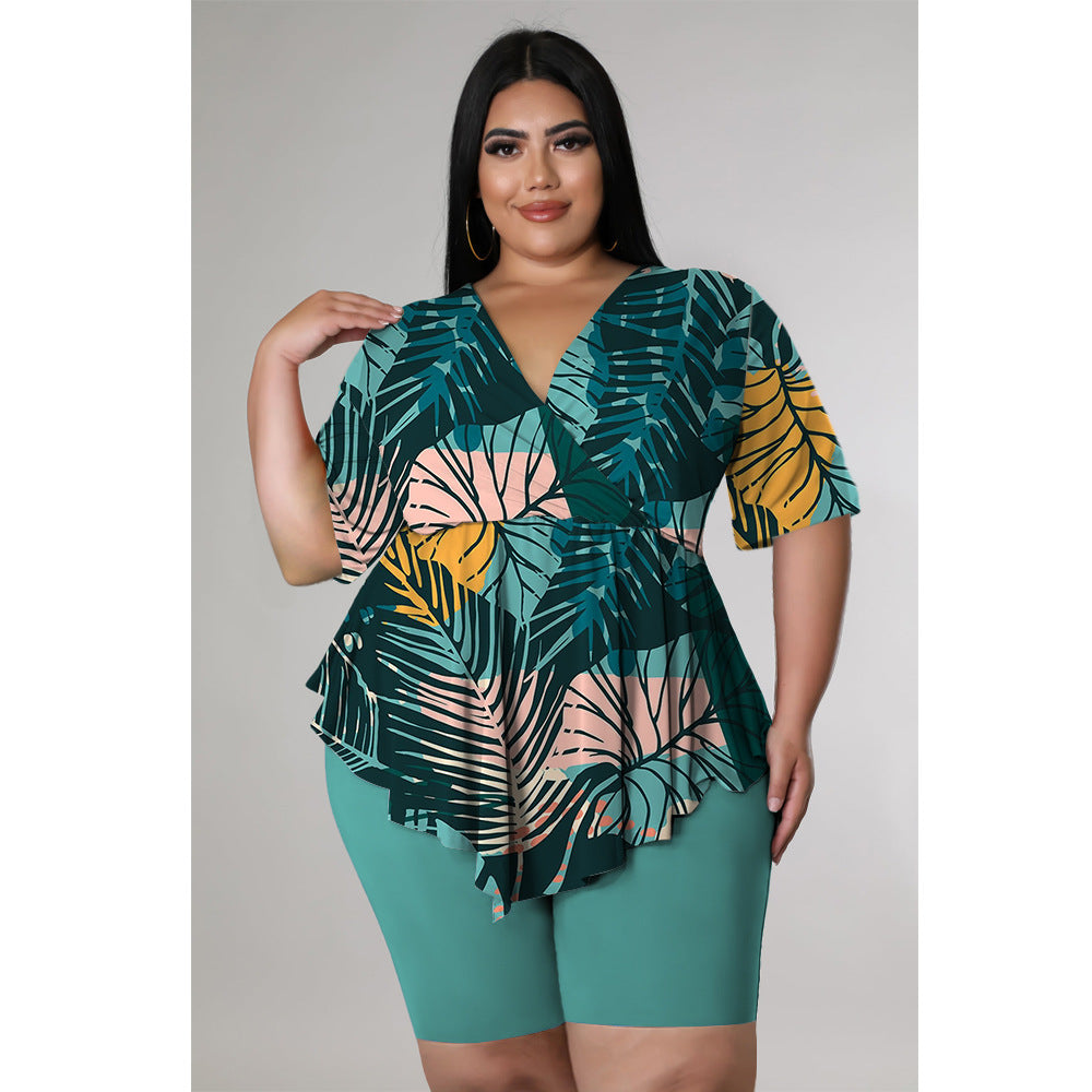 Plus Size Women 4xl Set Leaf Print Tops And Solid Pants 2022 Summer Two Piece Sets Lady Sweatshirt Female Tracksuit Wholesale