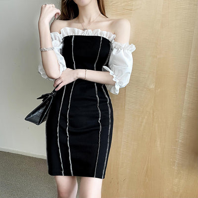 Suofun Sheath Patchwork 2021 Sexy Party Night Club Women The Shoulder Summer Puff Sleeve Design Slash Neck Black Summer Dress