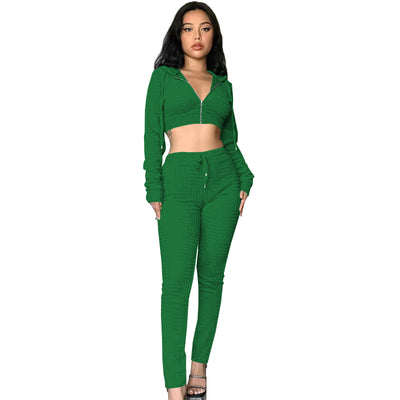 Prowow Tracksuits Zipper Hooded Cropped Tops Pant Two Piece Women Sport Suits Casual Solid Color Fall Joggers Fitness Outfits