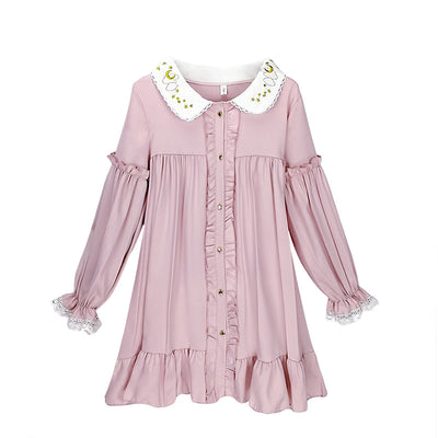 Pink Lolita Dress Long Sleeves High Waist Doll Collar Lace Cuff Cute Sweet Girls Women Dress 0923